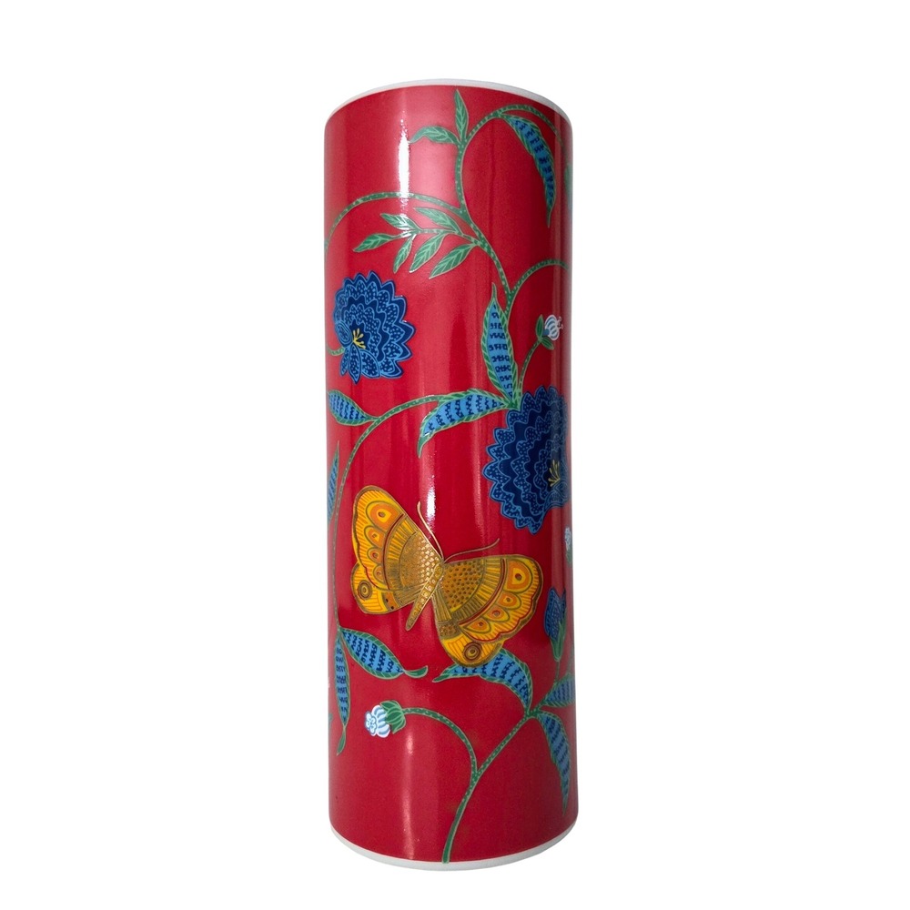 Otagiri Golden Butterfly Fraser Collection Red‎ Floral Cylinder Vase Japan 9.5"